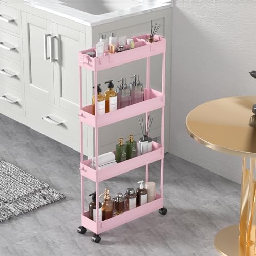 Slim Storage Cart 4 Tier, Bathroom Organizer Rolling Utility, Mobile Shelving Unit Slide Out for Office