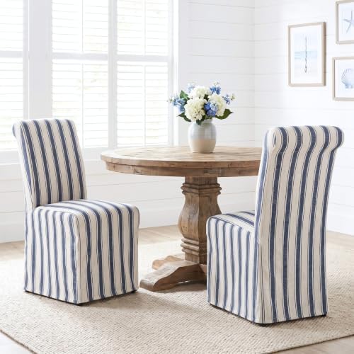 Slipcovered Upholstered Parsons Dining Chairs Set of 2, Blue Stripe in Standard in Blue Stripe