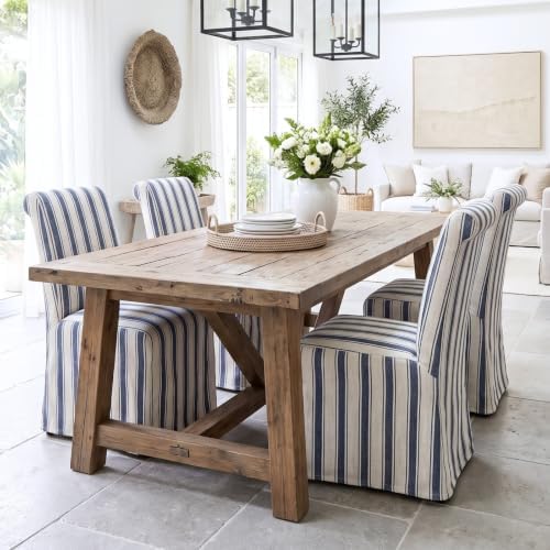 Slipcovered Upholstered Parsons Dining Chairs Set of 4, Blue Stripe in Standard in Blue Stripe