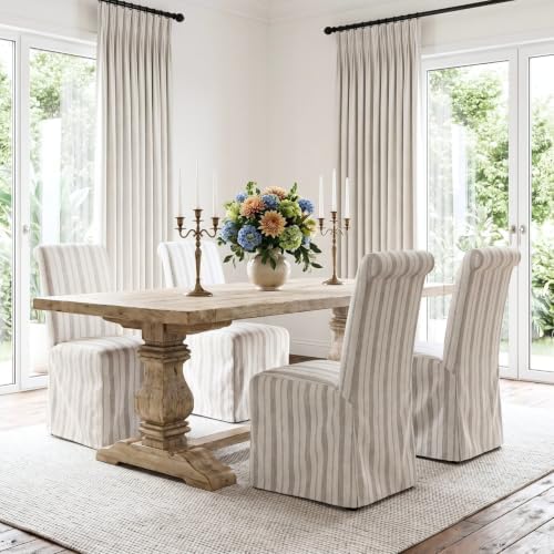 Slipcovered Upholstered Parsons Dining Chairs Set of 4, Stripe in Standard in Khaki Stripe