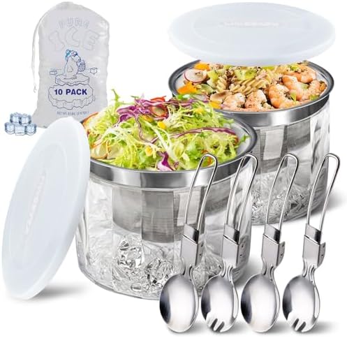 Small Chilled Serving Bowl 2 Pack, 25oz Ice Chilled Dip Bowl with Lid for Parties, Cold Serving Dish for Hummus