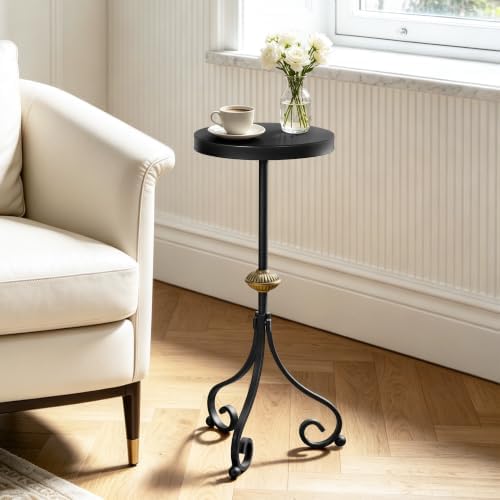 Small Drink Table, Round Pedestal End Table, Black in Black