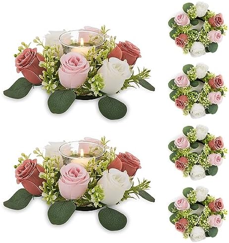 Small Flower Rings for Centerpieces: 9.05 Inch Dusty Rose & White Candle Rose Wreath for Wedding Party Christmas