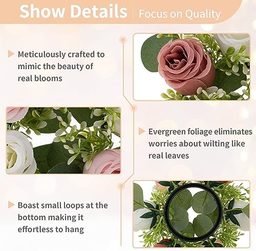 Small Flower Rings for Centerpieces: 9.05 Inch Dusty Rose & White Candle Rose Wreath for Wedding Party Christmas, alternate