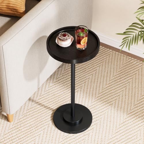 Small Round Side Table, 24.8"H Pedestal Drink Table for Small Spaces, Black in Black