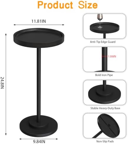 Small Round Side Table, 24.8"H Pedestal Drink Table for Small Spaces, Black in Black, alternate view 2