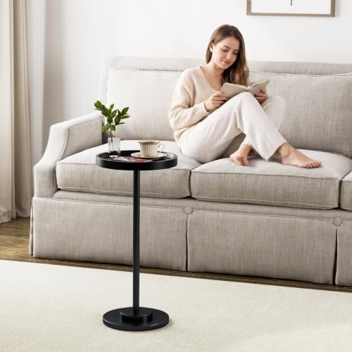 Small Round Side Table, 24.8"H Pedestal Drink Table for Small Spaces, Black in Black, alternate view 3