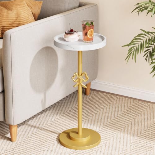 Small Round Side Table, 24.8"H Pedestal Drink Table for Small Spaces, Gold in Gold