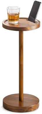 Small Round Side Table, Drink Table with Phone Slot, 22'' Acacia