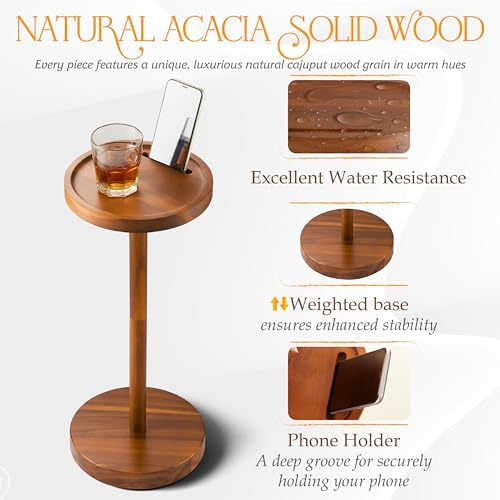 Small Round Side Table, Drink Table with Phone Slot, 22'' Acacia, alternate view 4