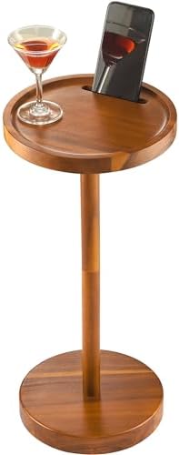 Small Round Side Table, Drink Table with Phone Slot, 22'' Acacia, alternate view 7