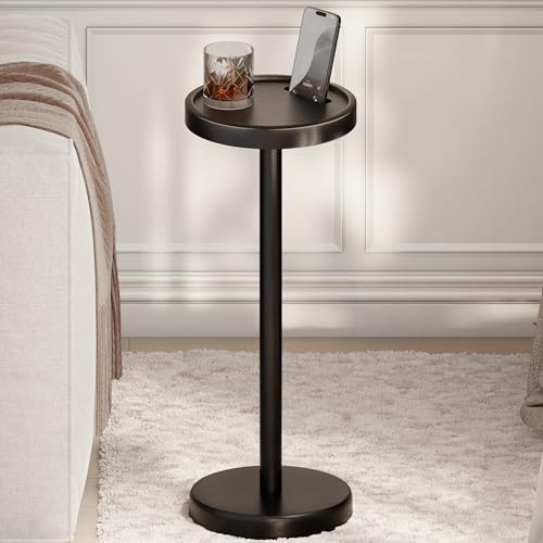 Small Round Side Table, Drink Table with Phone Slot, 22" Black