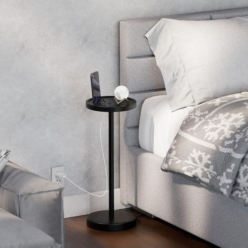 Small Round Side Table, Drink Table with Phone Slot, 22" Black, alternate view 4