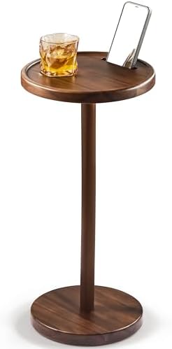 Small Round Side Table, Drink Table with Phone Slot, 24.4" Walnut