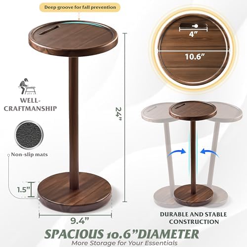 Small Round Side Table, Drink Table with Phone Slot, 24.4" Walnut, alternate view 3