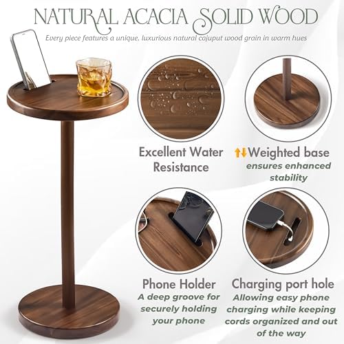Small Round Side Table, Drink Table with Phone Slot, 24.4" Walnut, alternate view 4