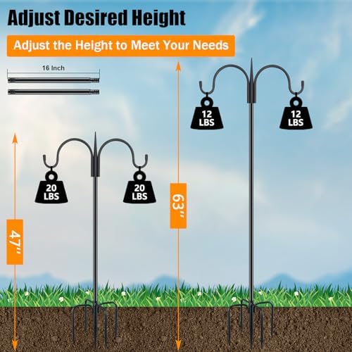 Small Shepherds Hook 63" Double Hooks Adjustable (47/63") - Alloy Steel 5-Prong Base, 12lb Capacity -Bird Feeder, alternate