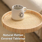 Small Side Table, Rattan Round Drink Tables for Small Spaces, Boho Circle Accent Table Coffee Table with Solid, alternate