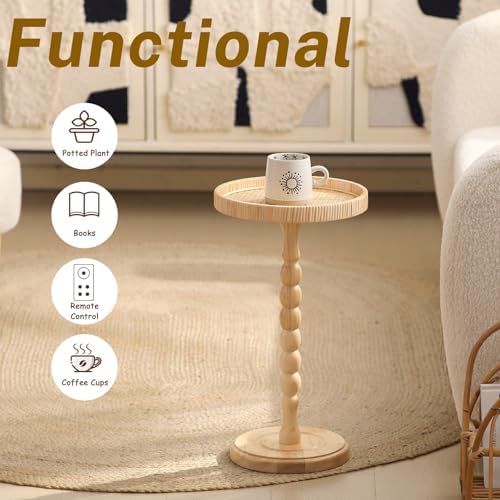 Small Side Table, Rattan Round Drink Tables for Small Spaces, Boho Circle Accent Table Coffee Table with Solid, alternate