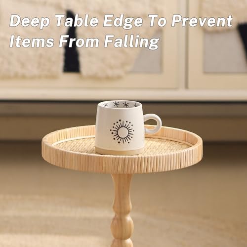 Small Side Table, Rattan Round Drink Tables for Small Spaces, Boho Circle Accent Table Coffee Table with Solid, alternate