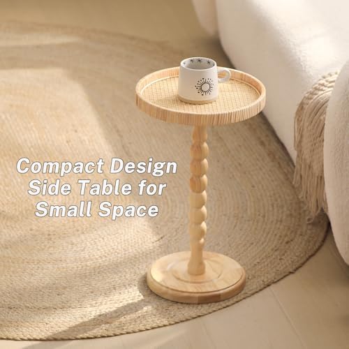 Small Side Table, Rattan Round Drink Tables for Small Spaces, Boho Circle Accent Table Coffee Table with Solid, alternate