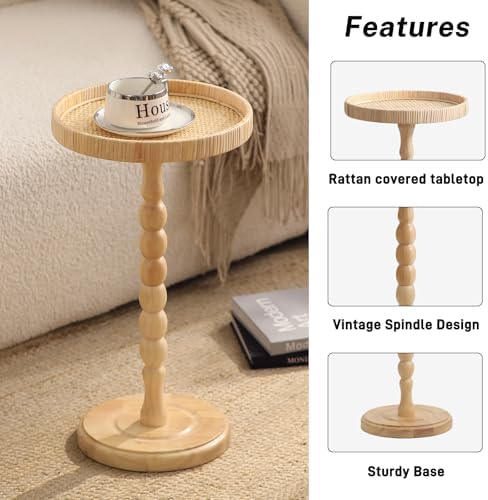 Small Side Table, Rattan Round Drink Tables for Small Spaces, Boho Circle Accent Table Coffee Table with Solid, alternate
