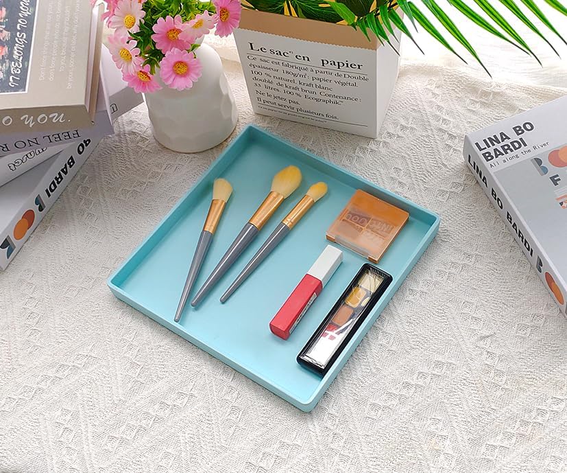 Small Square Tray (9 inch) 3 Pack, Hard Plastic Durable Blue Tray in 10.2"L x 5.5"W x 1.1"H in Blue, alternate view 2