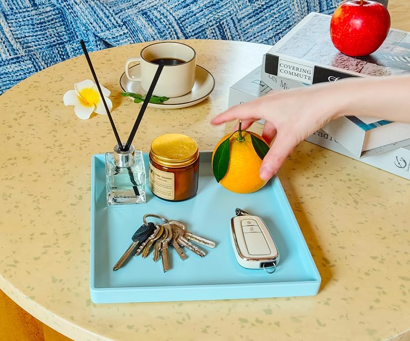 Small Square Tray (9 inch) 3 Pack, Hard Plastic Durable Blue Tray in 10.2"L x 5.5"W x 1.1"H in Blue, alternate view 5