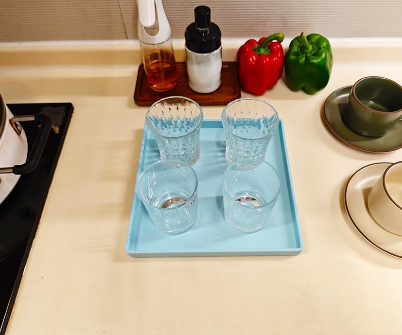Small Square Tray (9 inch) 3 Pack, Hard Plastic Durable Blue Tray in 10.2"L x 5.5"W x 1.1"H in Blue, alternate view 6