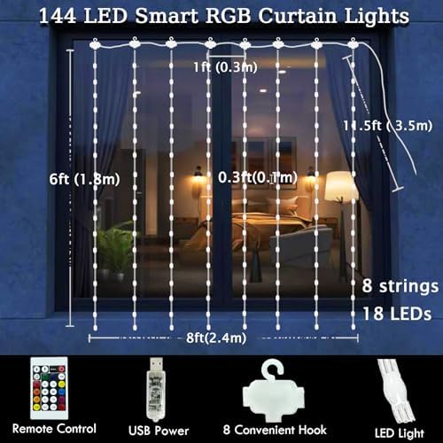 Smart Curtain Lights RGB Color Changing Christmas Curtain Lights, USB Powered with Remote/APP Control Curtain, alternate view
