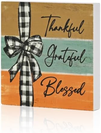 Smile Double-Sided Fall Wooden Block Decor with Black Pumpkin and Thankful Grateful Blessed Design, Rustic