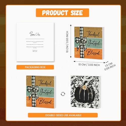Smile Double-Sided Fall Wooden Block Decor with Black Pumpkin and Thankful Grateful Blessed Design, Rustic, alternate view 2