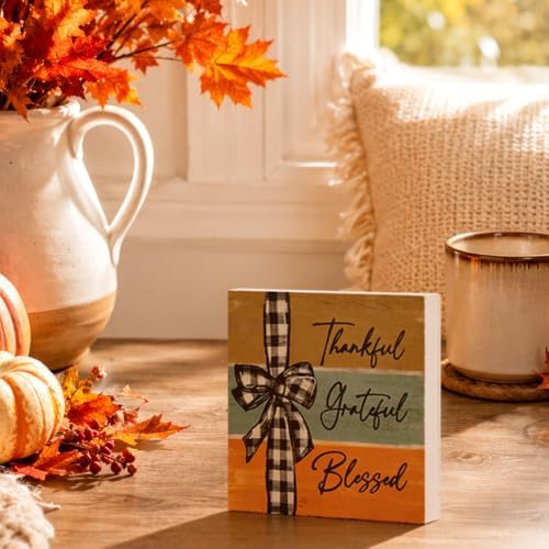 Smile Double-Sided Fall Wooden Block Decor with Black Pumpkin and Thankful Grateful Blessed Design, Rustic, alternate view 3