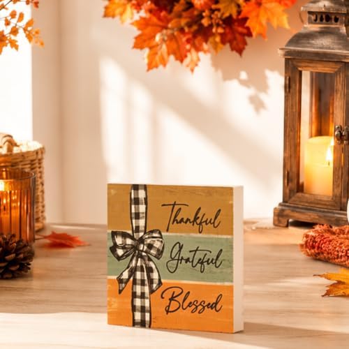 Smile Double-Sided Fall Wooden Block Decor with Black Pumpkin and Thankful Grateful Blessed Design, Rustic, alternate view 4