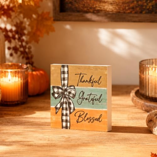 Smile Double-Sided Fall Wooden Block Decor with Black Pumpkin and Thankful Grateful Blessed Design, Rustic, alternate view 5
