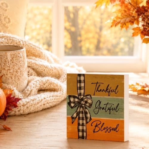Smile Double-Sided Fall Wooden Block Decor with Black Pumpkin and Thankful Grateful Blessed Design, Rustic, alternate view 6
