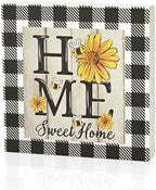 Smile Double-Sided Spring Wooden Block Decor "Hello Sunshine" Sunflower & "HOME Sweet Home" Buffalo Plaid