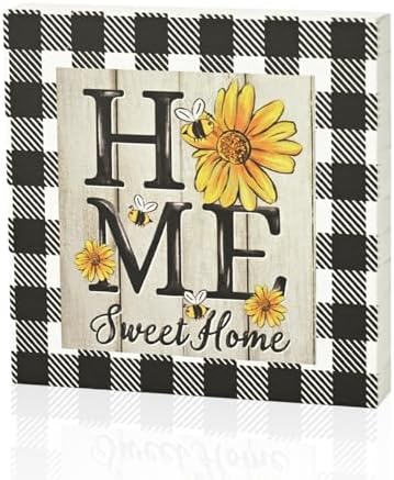 Smile Double-Sided Spring Wooden Block Decor "Hello Sunshine" Sunflower & "HOME Sweet Home" Buffalo Plaid