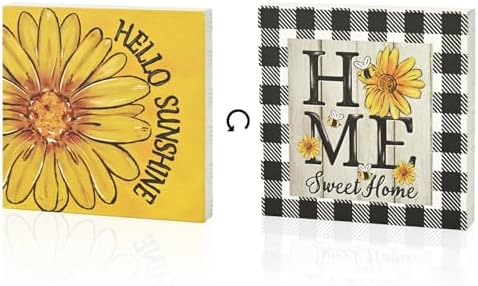 Smile Double-Sided Spring Wooden Block Decor "Hello Sunshine" Sunflower & "HOME Sweet Home" Buffalo Plaid, alternate view 2