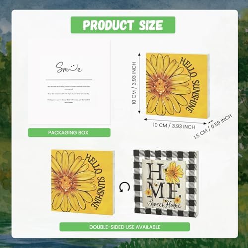 Smile Double-Sided Spring Wooden Block Decor "Hello Sunshine" Sunflower & "HOME Sweet Home" Buffalo Plaid, alternate view 3