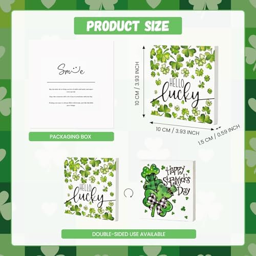 Smile Double-Sided St.Patrick's Day Wooden Block Decor, Shamrock "Happy St. Patrick's Day" & "Hello Lucky", alternate view 2