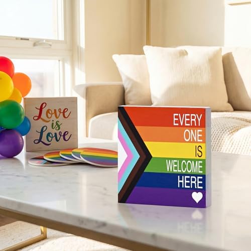 Smile Pride Month Wooden Tabletop Decor Set "Everyone Is Welcome Here" & "Love Is Love" Double-Sided Desktop, alternate view