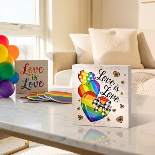 Smile Pride Month Wooden Tabletop Decor Set "Everyone Is Welcome Here" & "Love Is Love" Double-Sided Desktop, alternate view