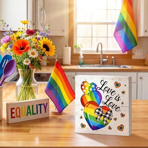 Smile Pride Month Wooden Tabletop Decor Set "Everyone Is Welcome Here" & "Love Is Love" Double-Sided Desktop, alternate view