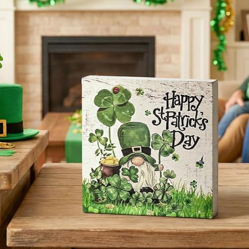 Smile Wooden Block Decor St. Patrick's Day Gnome Design, Tabletop Shelf Wood Sign for Home Office Desk, alternate view 4