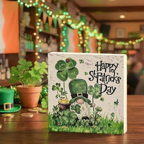Smile Wooden Block Decor St. Patrick's Day Gnome Design, Tabletop Shelf Wood Sign for Home Office Desk, alternate view 6