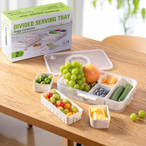 Snackle Box Container Dishwasher Safe Divided Serving Tray with Lid in 2pack white in White, alternate view 2