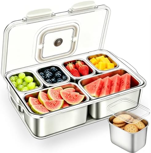 Snackle Box Container, Stainless Steel Divided Serving Tray with Lid and Handle, Large Snack Tray for Fruit