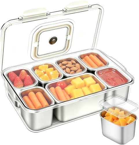Snackle Box Container, Stainless Steel Divided Serving Tray with Lid and Handle, Large Snack Tray for Fruit