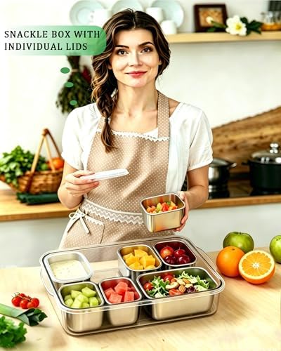 Snackle Box Container, Stainless Steel Divided Serving Tray with Lid and Handle, Large Snack Tray for Fruit, alternate view 2